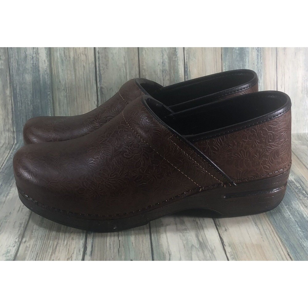 Dansko Brown Tooled Leather Clogs Size 41 Floral